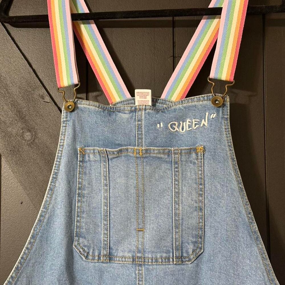 Rainbow Strap Denim Romper Overalls “Queen” Embroidered Trendy Y2K Cottagecore - Picture 6 of 8